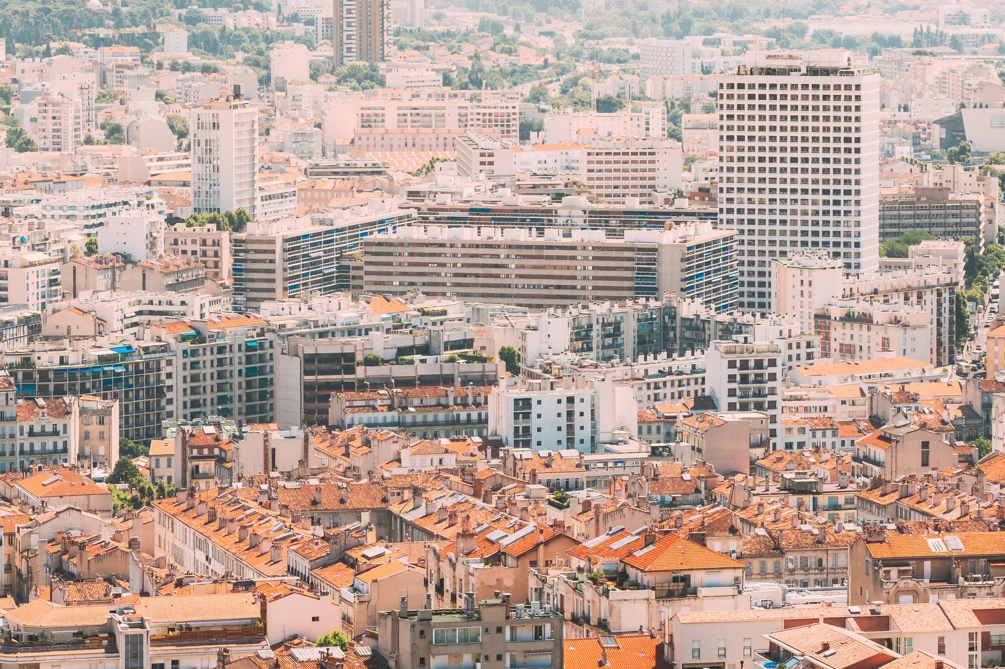 Marseille, France. Elevated View Of Cityscape. Residential Districts And Streets Under Sunny Summer
